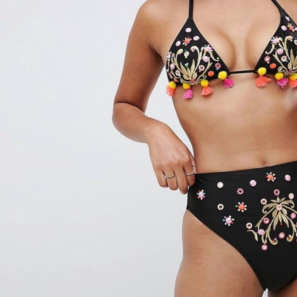ASOS beaded mirror pom Pom embellished high waist bikini size 6 tropical beach